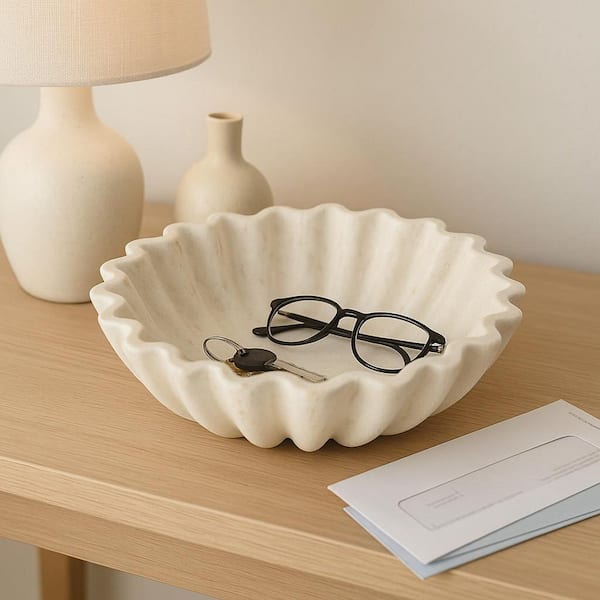 Ivory 12.5 in. Ceramic Round Novelty Fluted Decorative Bowl