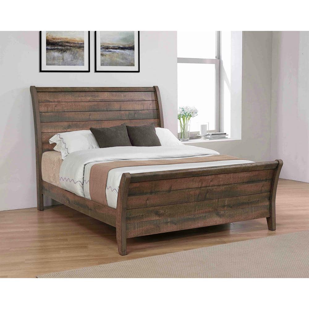 Frederick Weathered Oak Queen Sleigh Bed with Tufted Upholstery