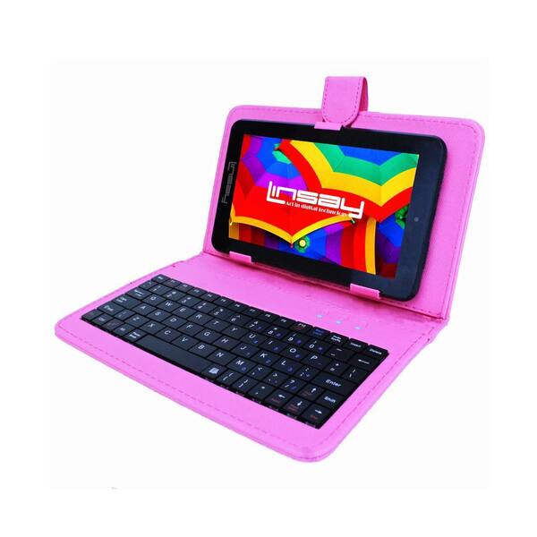 LINSAY 7 in. 64GB Android 13 Tablet with Pink Leather Keyboard