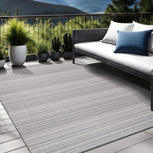 Gray 10 ft. x14 ft. Striped Washable Modern Indoor Outdoor Area Rug
