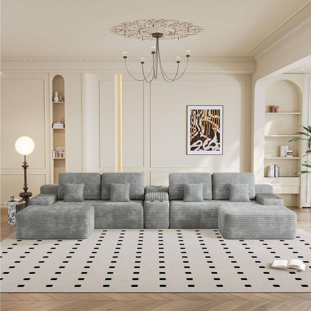 150 in. Corduroy Upholstered Modular Sectional Sofa in Light Grey with Ottomans, Storage Console with USB, Bluetooth price history on PriceWatchPro