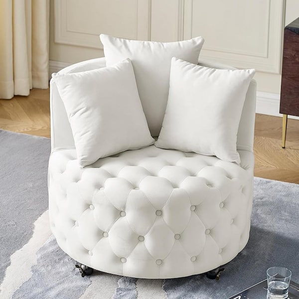 IDEAGLE Beige Velvet Upholstered Accent Swivel Chair Barrel Living Room Chair with Button Tufted Cushions and 3-Pillows