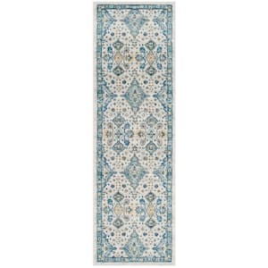 Evoke Ivory/Light Blue 2 ft. x 7 ft. Border Speckled Diamond Runner Rug