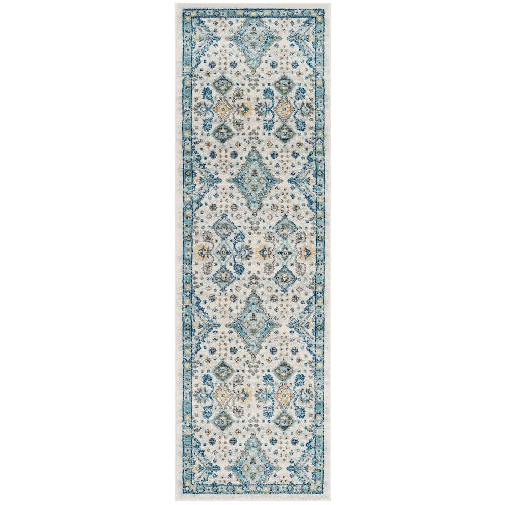 Ivory and Light Blue Synthetic Hand-knotted Runner Rug