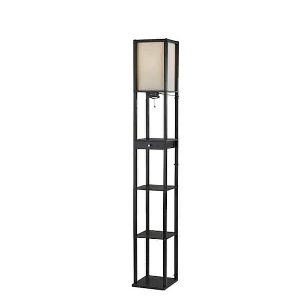 Adesso 72 in. Black Wood Shelf Floor Lamp with 1Drawer and 3Shelves