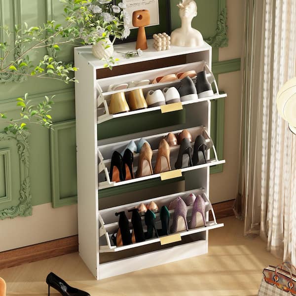 White Wood Shoe Storage Cabinet with 3-Mirrored Drawers Shoe Organizer for Entryway Bedroom Hallway