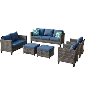 Megon Holly Gray 6-Piece Wicker Outdoor Patio Conversation Seating Set and Loveseat with Denim Blue Cushions