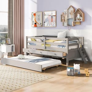 Gray Wood Frame Twin Low Loft Bed with 3-Drawers, Twin Trundle, Mini Sloping Ladder, Full Safety Fence