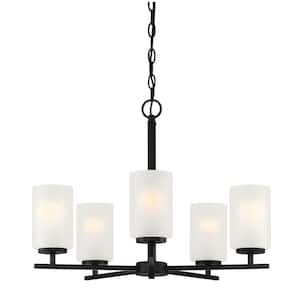 Carmine 5-Light Contemporary Matte Black Chandelier with Etched Glass Shades For Dining Rooms