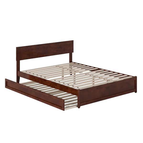 Wesley Walnut Brown Solid Wood Frame Queen Platform Bed with Panel Footboard and Twin XL Trundle