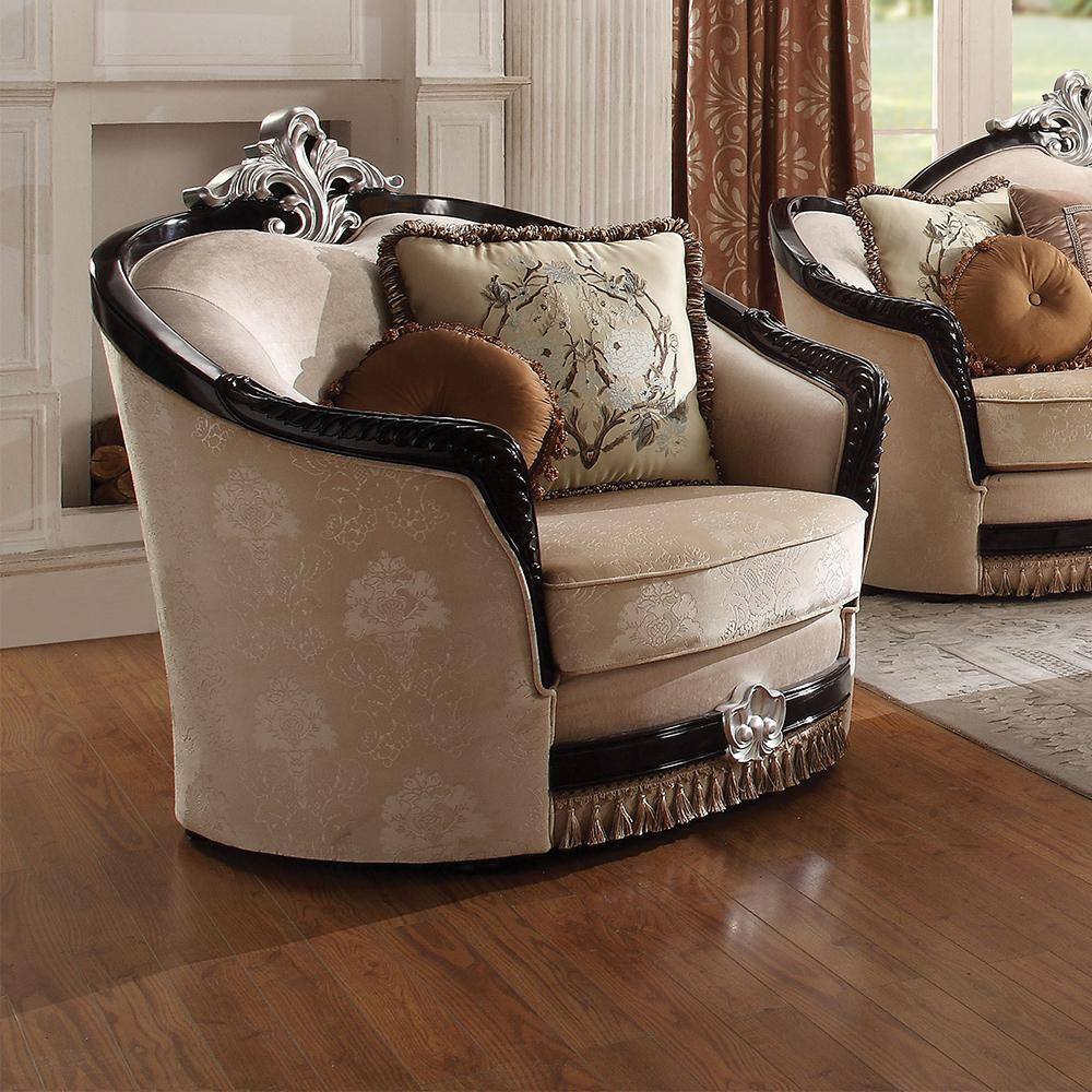 Ernestine Tan Fabric and Black Wood Traditional Chair with Pillows