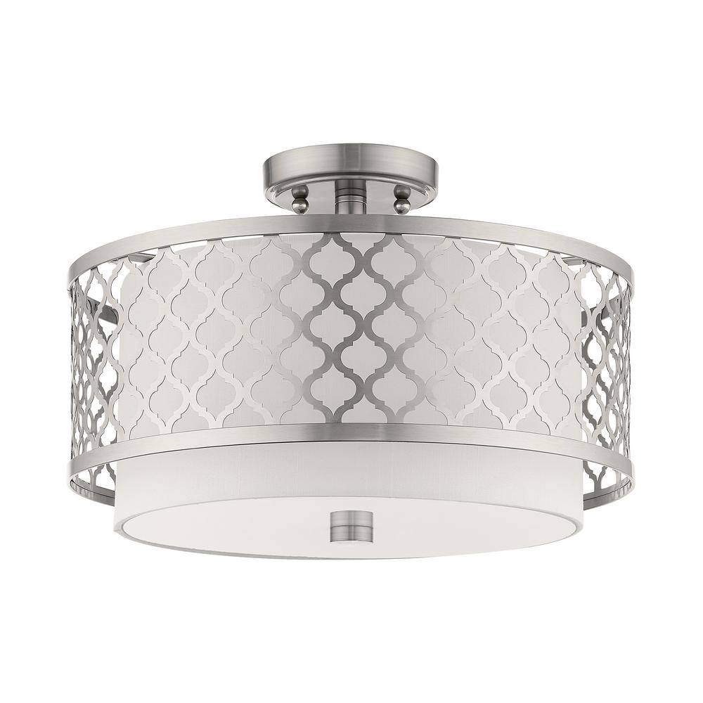 Arabesque Brushed Nickel 3-Light Semi-Flush Mount with Off-White Fabric Shade