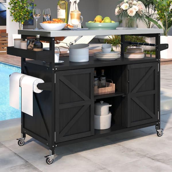 Black Stainless Steel Top 50.25 in. Outdoor Solid Wood Kitchen Island with Internal Storage Rack and Adjustable Shelf