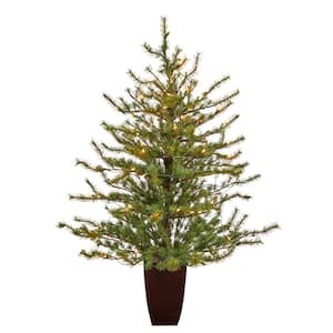 4 ft. Green Pre-Lit Mountain Pine Artificial Christmas Tree with 100 Clear Lights and 374 Bendable Branches in Planter