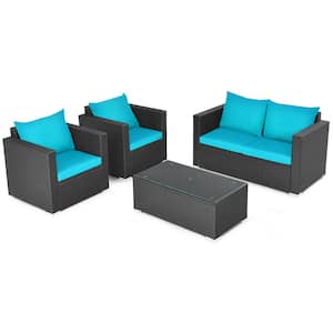4-Piece Rattan Patio Conversation Set Outdoor Furniture Set w/Turquoise Cushions