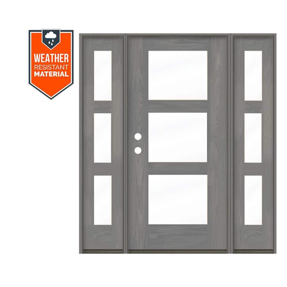 Modern 64 in. x 79 in. 3-Lite Right-Hand/Inswing Clear Glass Malibu Grey Stain Fiberglass Prehung Front Door w/DSL price history on PriceWatchPro