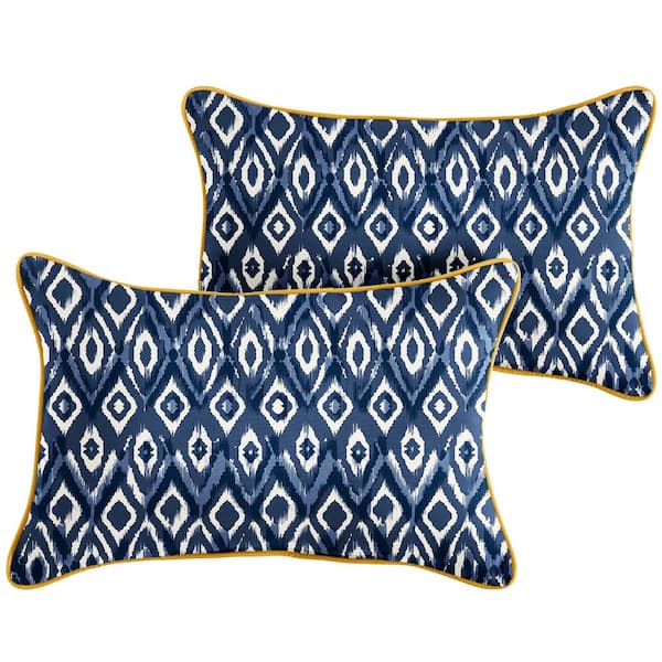 SORRA HOME Indigo Graphic with Butter Yellow Rectangular Outdoor Corded Lumbar Pillows (2-Pack)