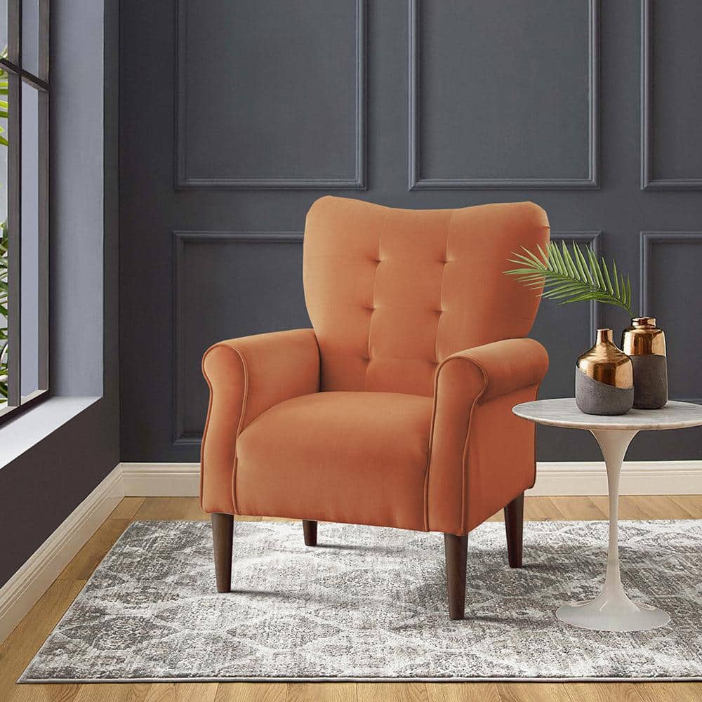 Kyrie Orange Velvet Accent Chair with Manufactured Wood Frame
