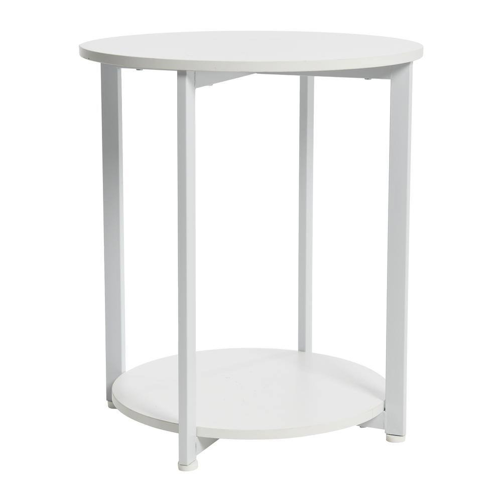 White Round Minimalist End Table with Metal Frame and Shelf