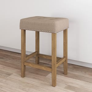 Hylie 24 in. Natural Flax Nailhead Saddle Cushion Light Brown Wood Counter Height Bar Stool