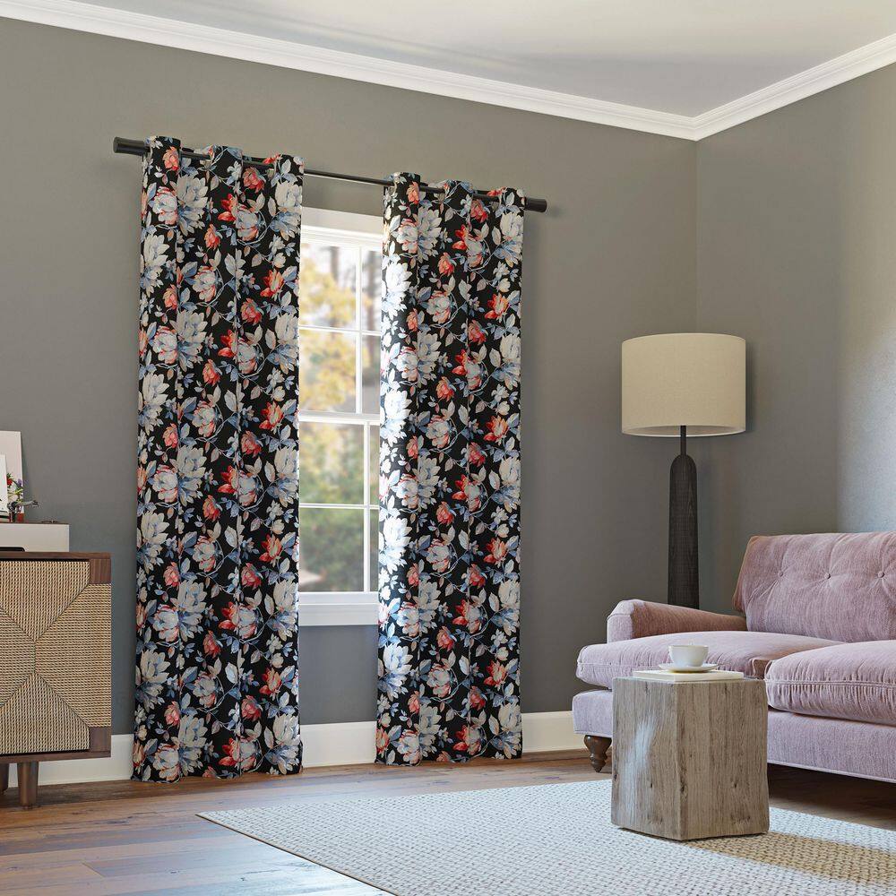 Black Floral Polyester Blackout Grommet Curtain Panel, 40" x 63"