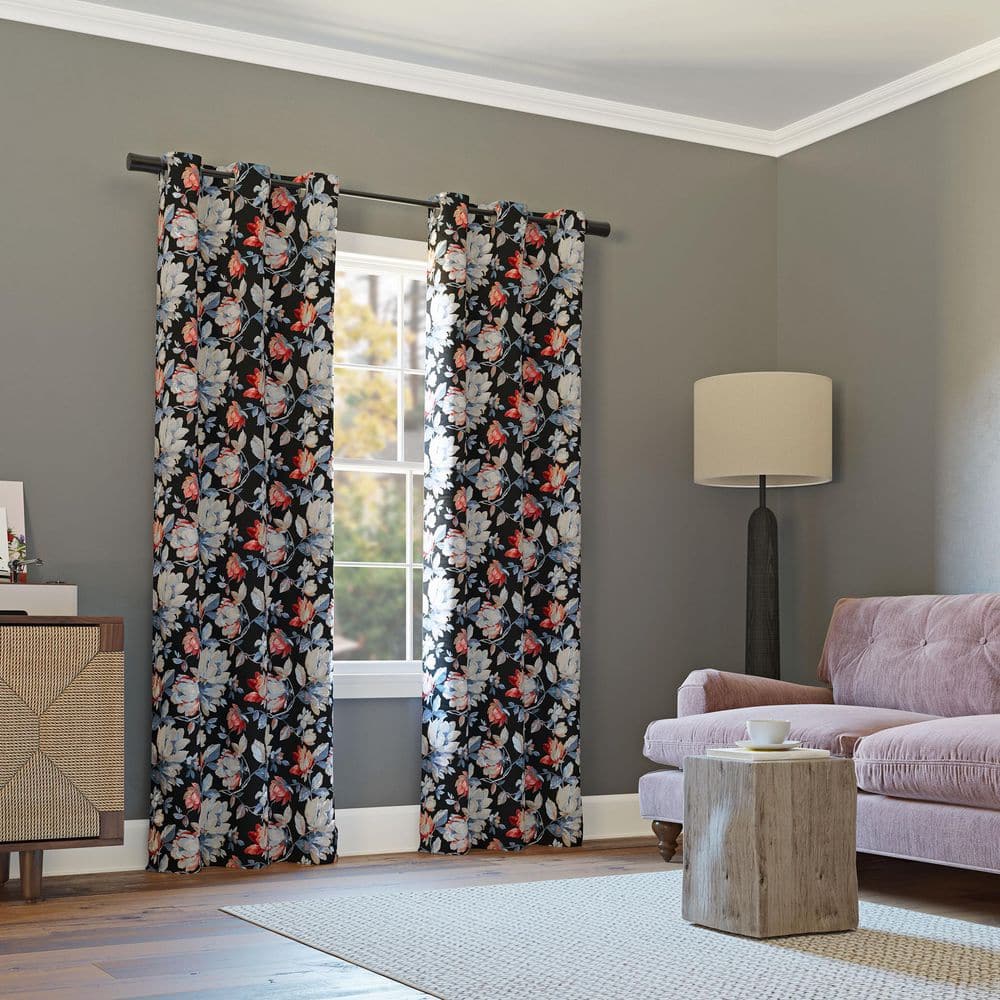 Black Floral Blackout Grommet Curtain Panel 40" x 84"