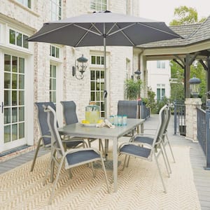 Captiva Charcoal Gray 9-Piece Cast Aluminum Rectangular Outdoor Dining Set with Umbrella