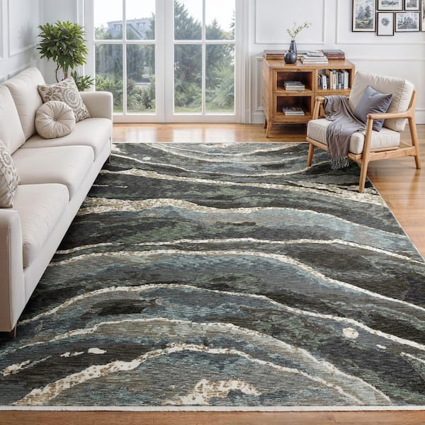 Eclipse Blue/Green Doormat 3 ft. x 5 ft. Modern Layered Abstract Polyester Fringe-Edge Indoor Area Rug