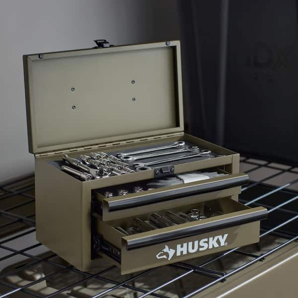 Husky 10 in. Army Green Metal Mini Portable Tool Box with 2