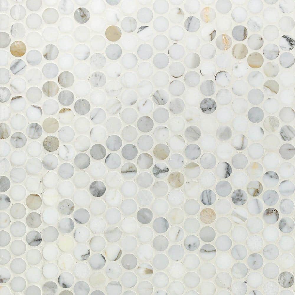 Calacatta Penny 4 in. x 0.39 in. Round Polished Marble Floor and Wall Mosaic Tile Sample price history on PriceWatchPro