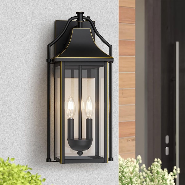 Hawaii 18 in. H 2-Bulb Black with Golden Lines Hardwired Outdoor Wall Lantern Sconce with Dusk to Dawn