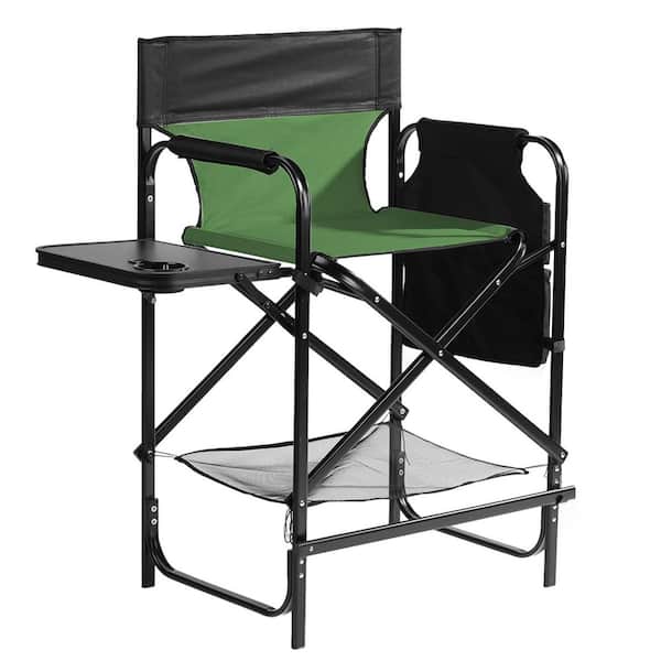 26 in. Olive Iron Pipe Folding Director Chair with Built-in Cup Holder, Side Table, Storage Pocket