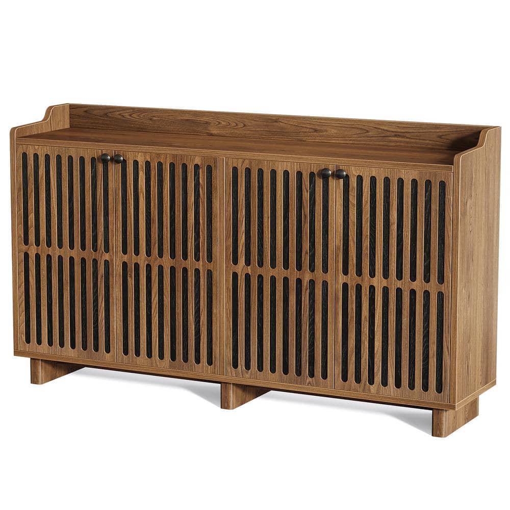 Walnut Brown Engineered Wood 55 in. Farmhouse Sideboard Buffet Cabinet with 4 Doors and Adjustable Shelves