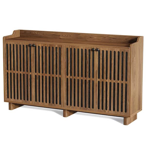 BYBLIGHT Walnut Brown Engineered Wood 55 in. Farmhouse Sideboard Buffet Cabinet with 4 Doors and Adjustable Shelves