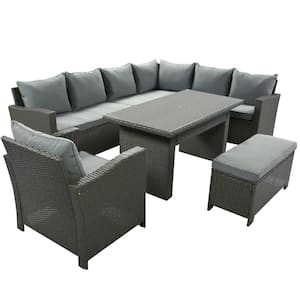 6-Piece Rattan Wicker Patio Furniture Conversation Set with Bench and Gray Cushions
