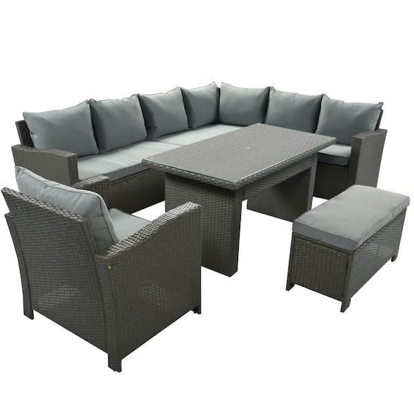 Polibi 6-Piece Rattan Wicker Patio Furniture Conversation Set with Bench and Gray Cushions