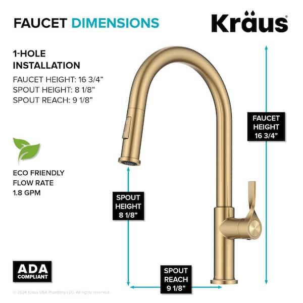 タクト2st金 KRAUS Torak 2-Function Spot Free Brushed Brass 16.75 in. H Pull