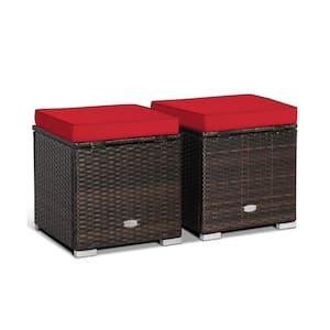 Mix Brown Wicker Outdoor Ottoman with Hidden Storage Space with Red Cushion 2-Pack