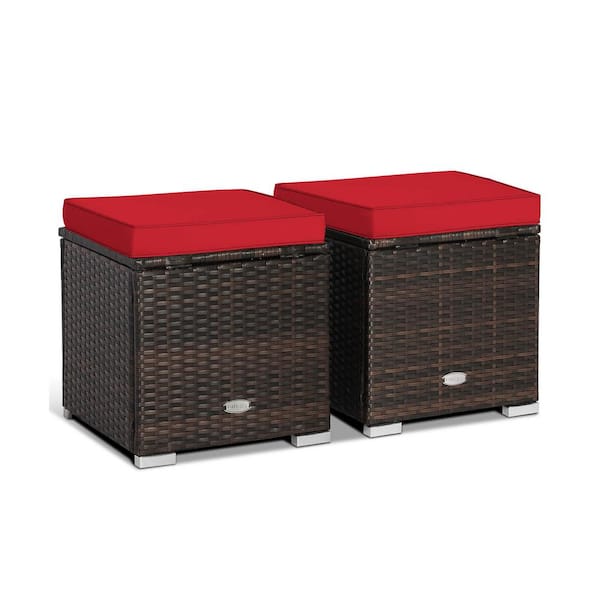 ANGELES HOME Mix Brown Wicker Outdoor Ottoman with Hidden Storage Space with Red Cushion 2-Pack