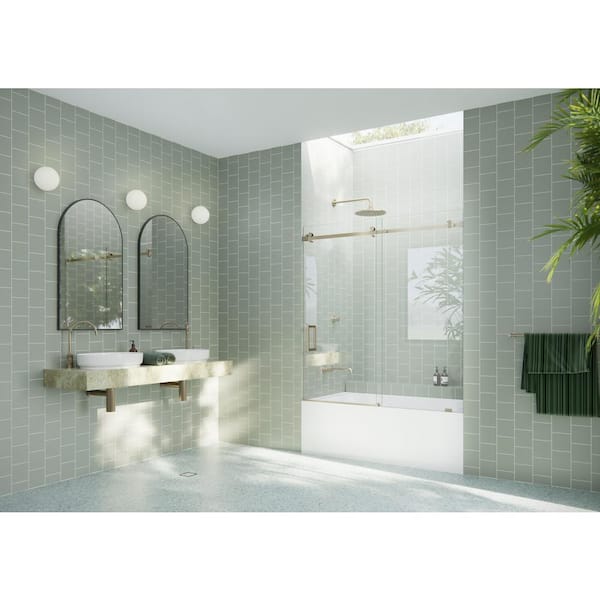 Glass Warehouse Astro 56 in. W x 60 in. H Sliding Frameless Tub Door in Brushed Bronze Finish with Clear Glass