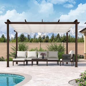 10 ft. x 12 ft. Bronze Aluminum Frame Outdoor Patio Pergola Gazebo with White Retractable Sun Shade Canopy for Deck