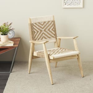 White Handmade Geometric Patterned Woven Jute Rope Accent Chair with Brown Mango Wood Frame