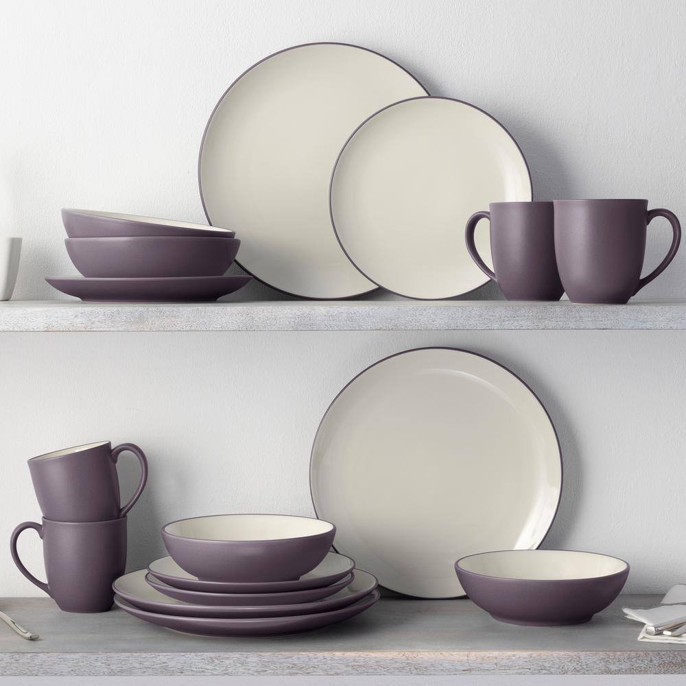 Plum and White Ceramic 16-Piece Square Dinnerware Set