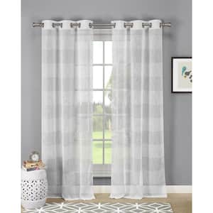 Silver Striped Faux Linen Grommet Sheer Curtain - 38 in. W x 84 in. L  (Set of 2)