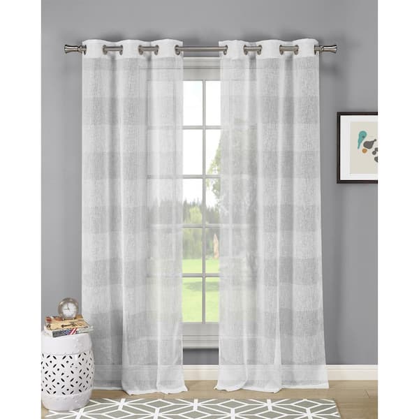 Dainty Home Lurex Silver Linen Stripe Look Boho 3D Lurex Embroidered Striped Textured Designed Sheer Panel Pair 76 in. W x 84 in. L