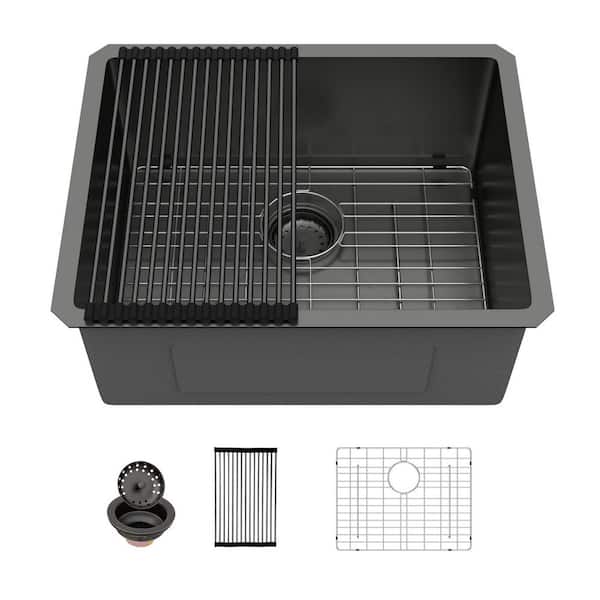 23 in. Drop-In Single Bowl 16-Gauge Gunmetal Black Stainless Steel Kitchen Sink with Drain Assembly and Drying Rack
