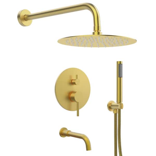 EVERSTEIN 1-Handle 3-Spray Wall Mount Round Tub and Shower Faucet with 10 in. Rain Shower Head in Brushed Gold (Valve Included)