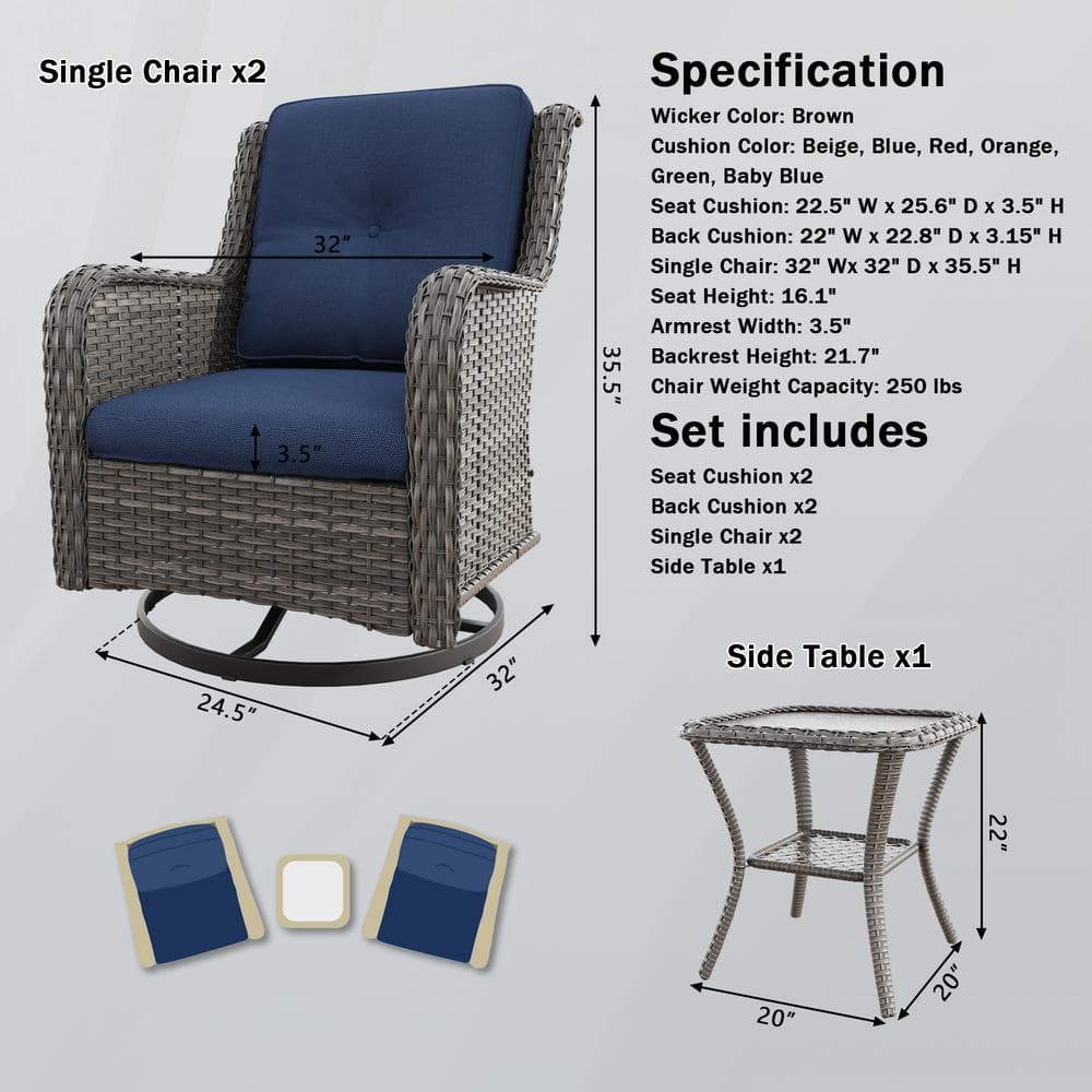 Blue Cushioned 4-Person Steel Wicker Patio Set with Swivel Rocking Chairs
