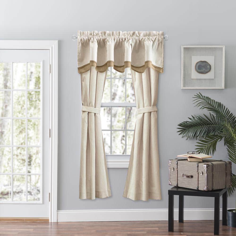Tan Cotton Polyester Striped Rod Pocket Curtains with Tiebacks