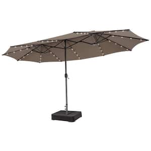 15 ft. Double-Sided Large Market Patio Outdoor Garden Umbrella in Brown with 48-Solar LED Lights, Base and Hand Crank